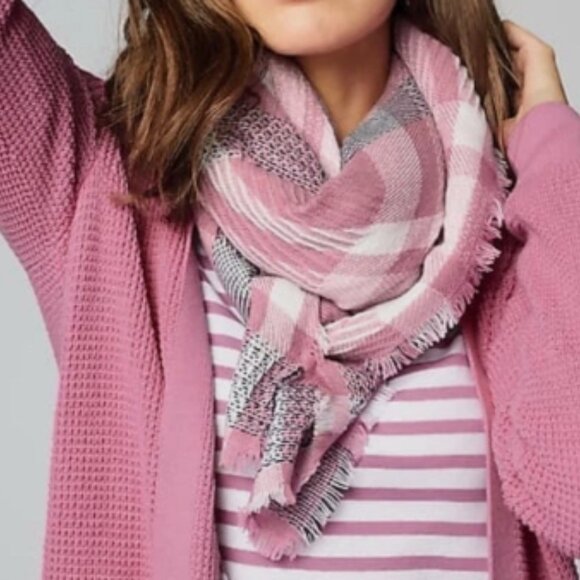 J. Jill Pink Iced Mauve Multi Fringe Plaid Square Scarf Western Cowgirl - Picture 2 of 5